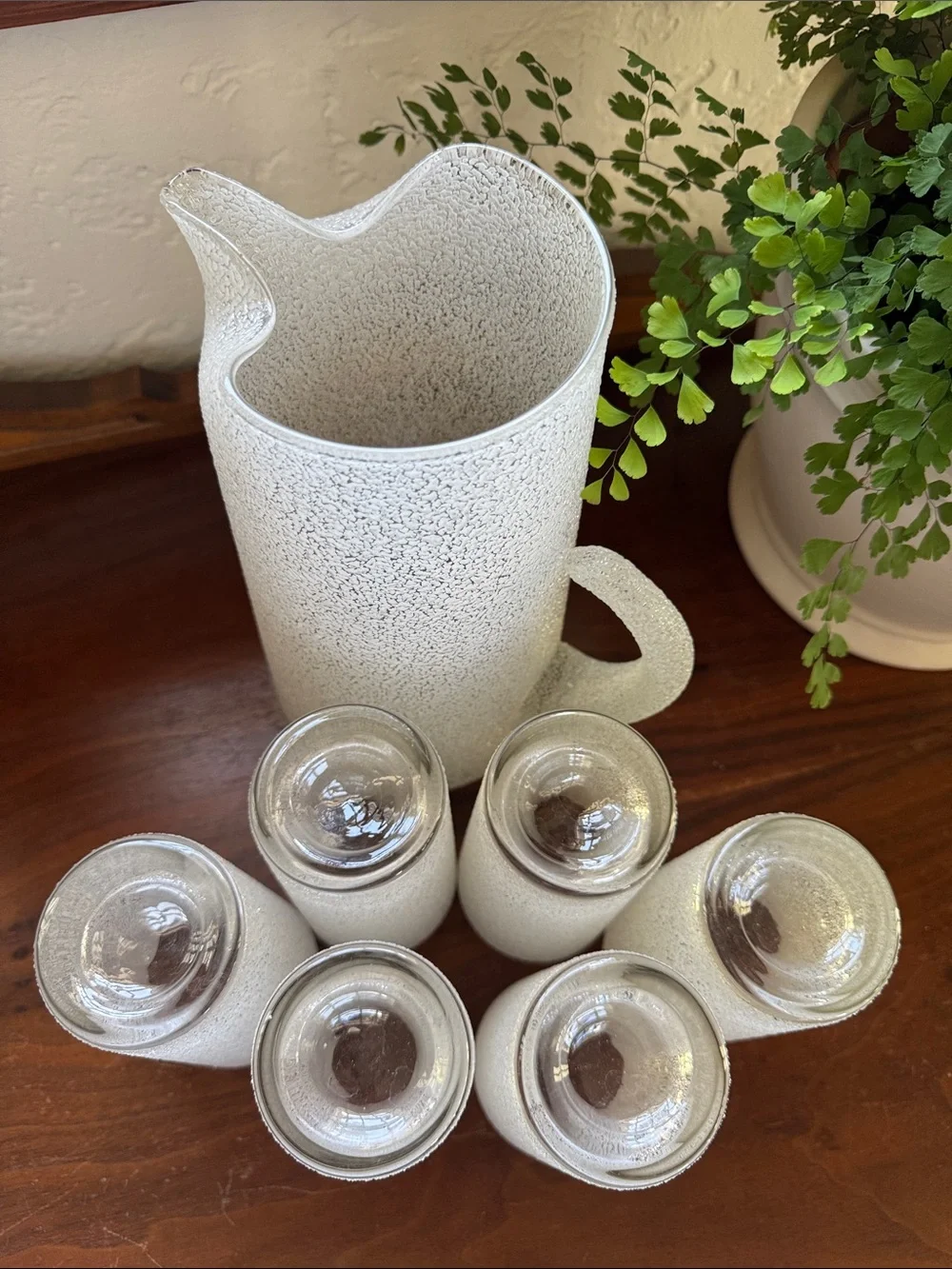 West Virginia Glass Specialty Company Frosted/Beaded Pitcher & Six Glasses
